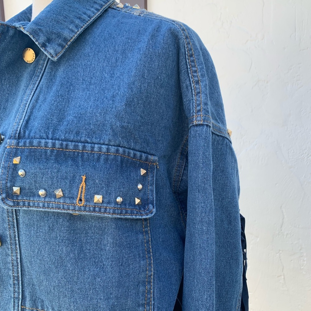 New Bohemian Western Fringe Detailed Embroidered Oversized Denim Jean Jacket - Picture 9 of 12